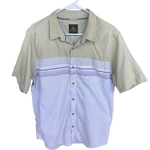 Prana Button Up Shirt Mens Large Green White Short Sleeve Casual Retro Striped